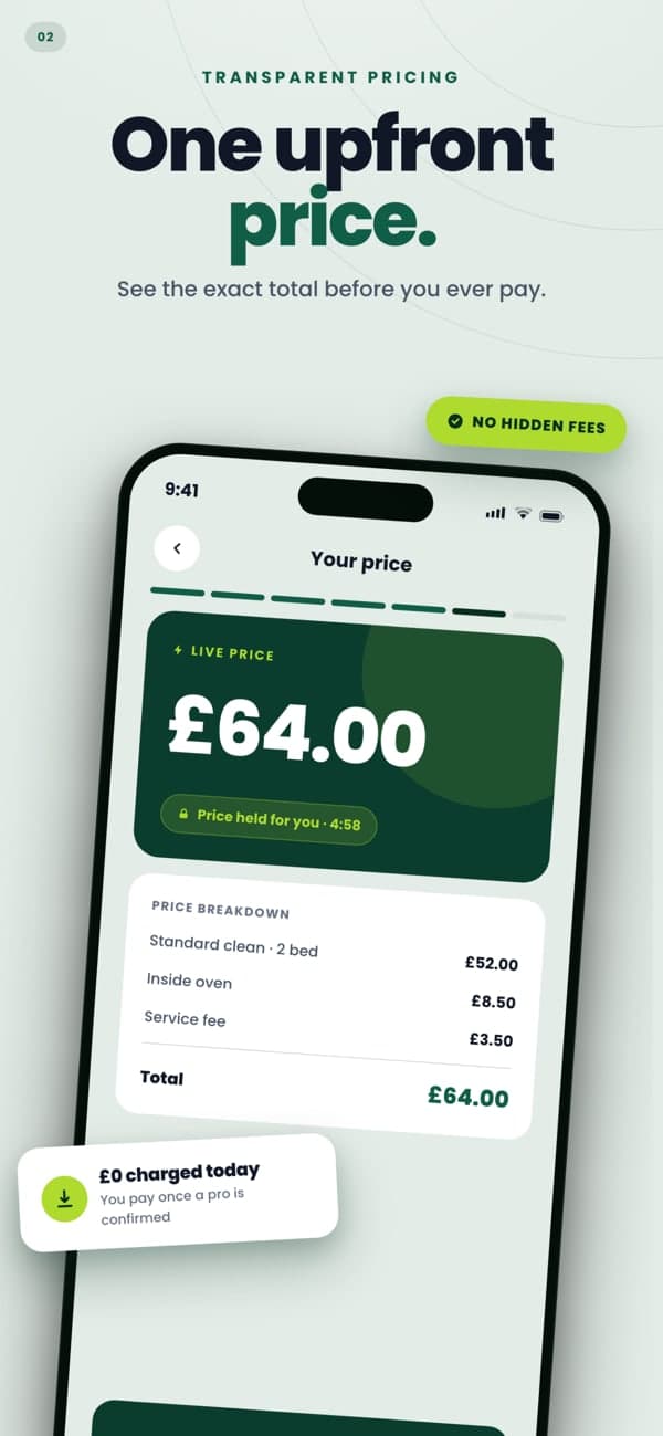 Klina App Store image: 'One upfront price.' above a phone showing a live price with its breakdown.