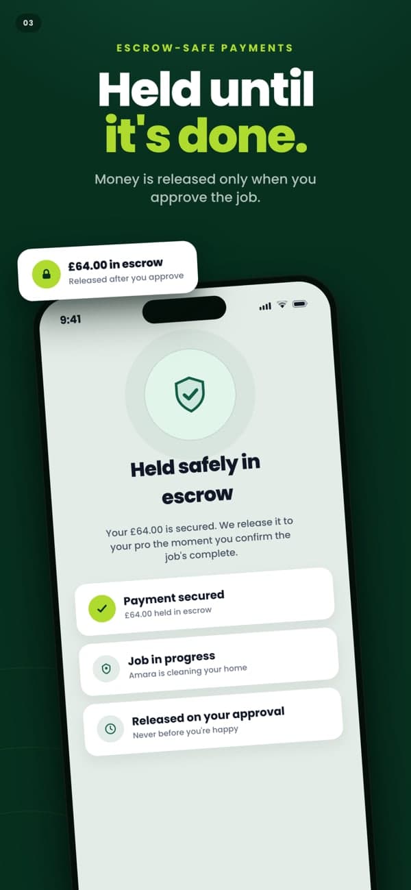 Klina App Store image: 'Held until it's done.' above a phone showing a payment held in escrow.