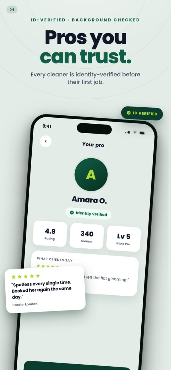 Klina App Store image: 'Pros you can trust.' above a phone showing an identity-verified cleaner's profile.