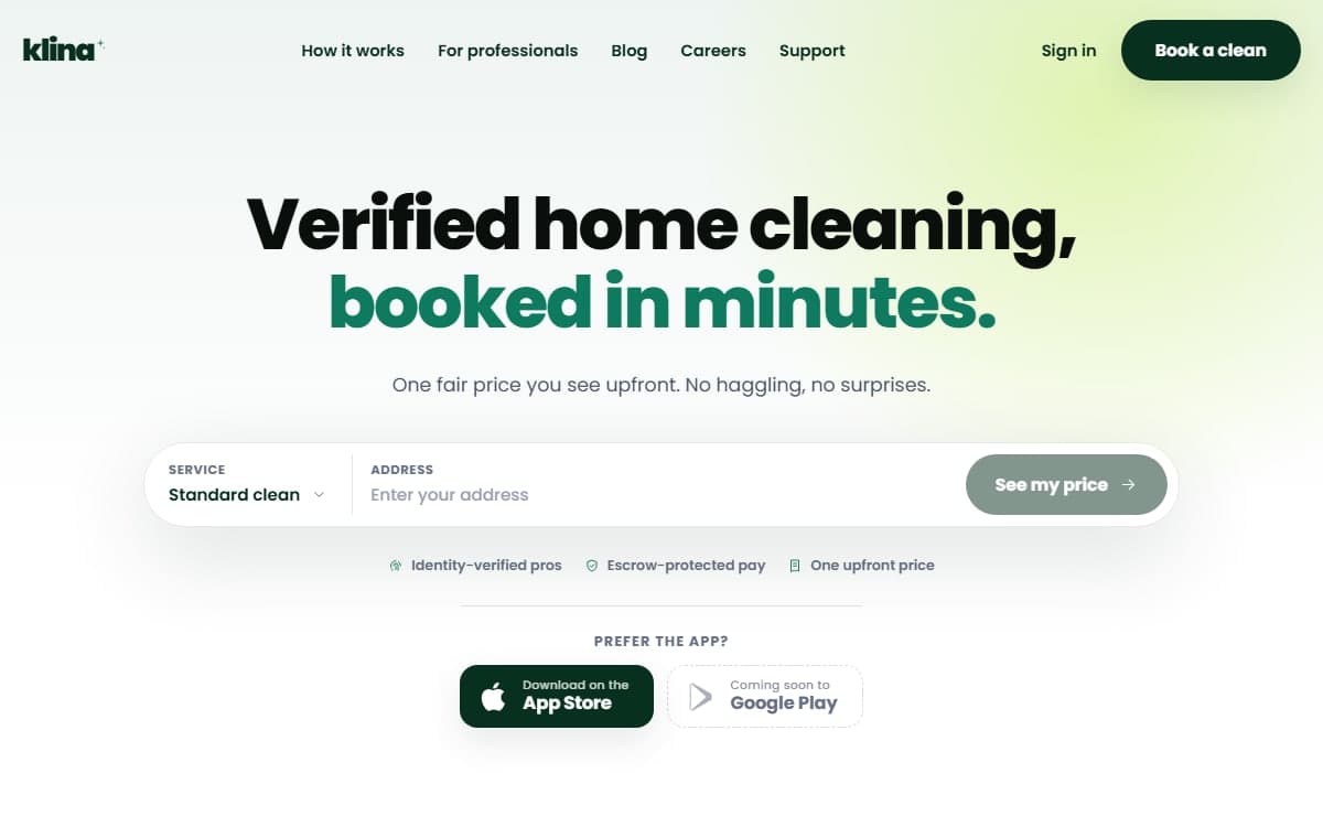 Klina's website. The headline reads 'Verified home cleaning, booked in minutes.' above a booking bar to pick a service, enter an address and see the price, with identity-verified pros, escrow-protected pay and one upfront price underneath.
