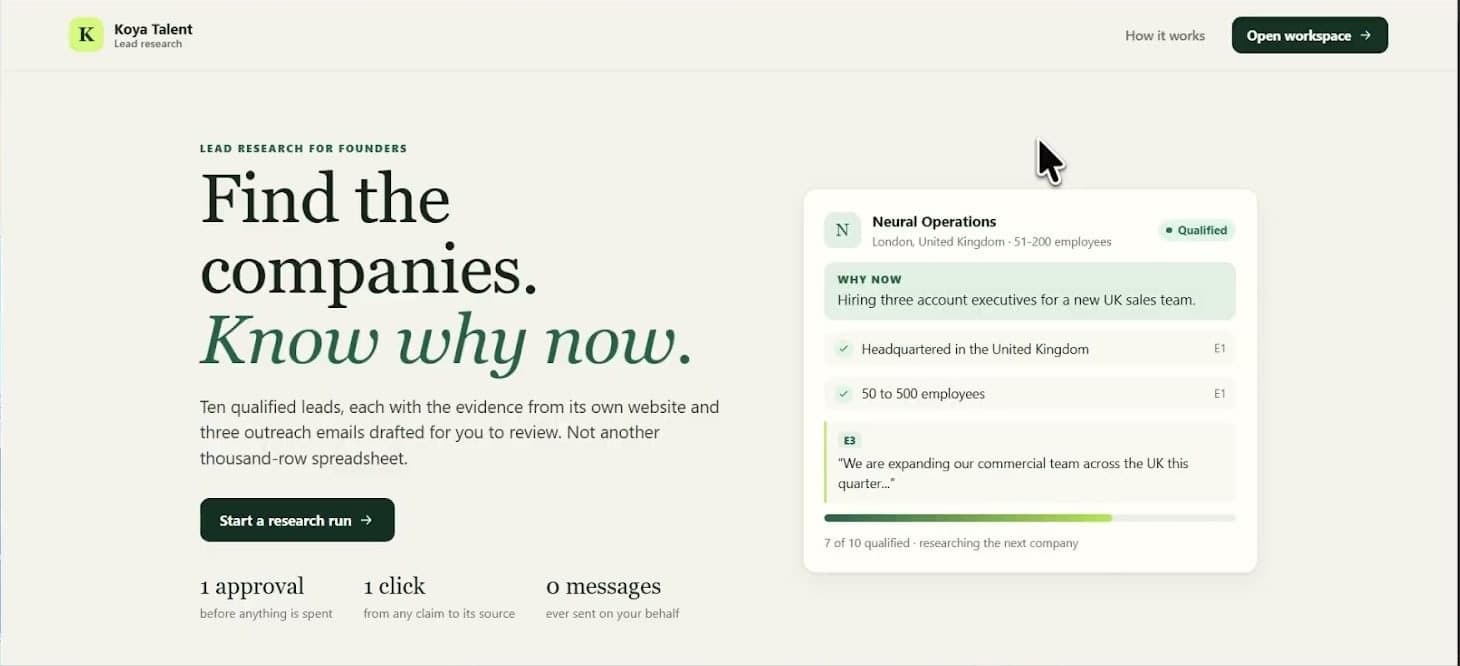A frame from the walkthrough: the lead research landing page, 'Find the companies. Know why now.', beside a qualified lead card with its evidence.