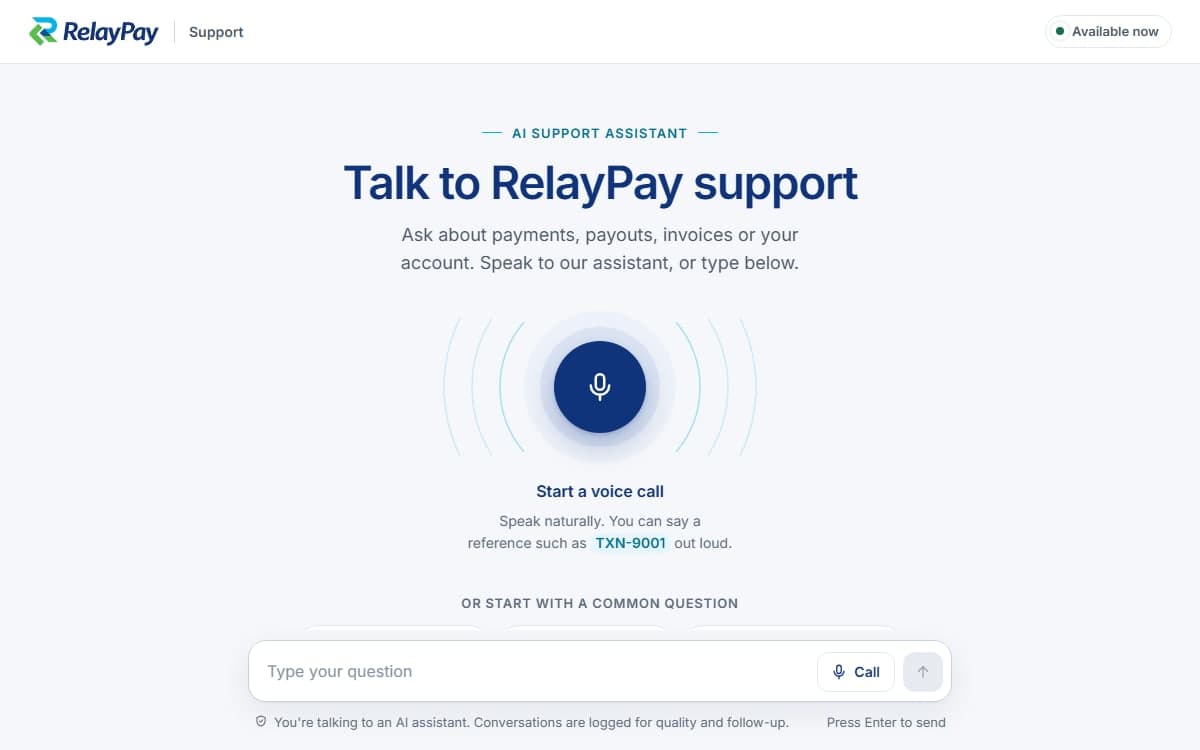 The RelayPay support page the walkthrough starts on: 'Talk to RelayPay support', with a microphone button to start a voice call and a box to type a question.